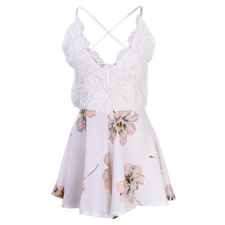 BeQeuewll Summer Lace Romper Jumpsuit Retro V-neck Floral Print Overall Bodysuit | Walmart (US)