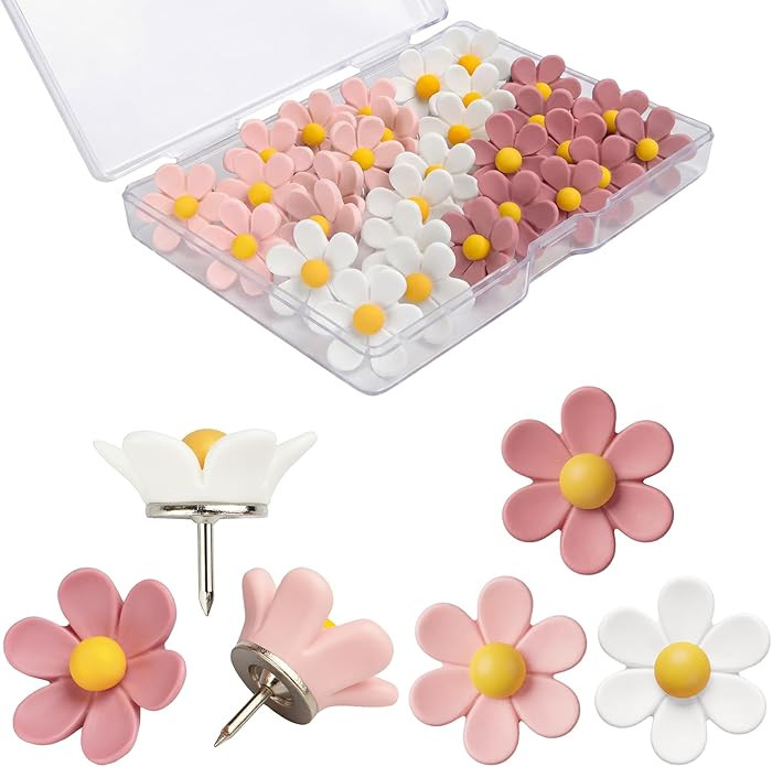 30 Pcs Flowers Push Pins Decorative Thumb Tacks in 3 Colors Cute Office Decor for Women Cork Boar... | Amazon (US)