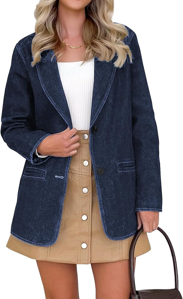 Fisoew Womens Denim Blazers Long Sleeve Work Office Single Breasted Jean Jacket with Pockets | Amazon (US)