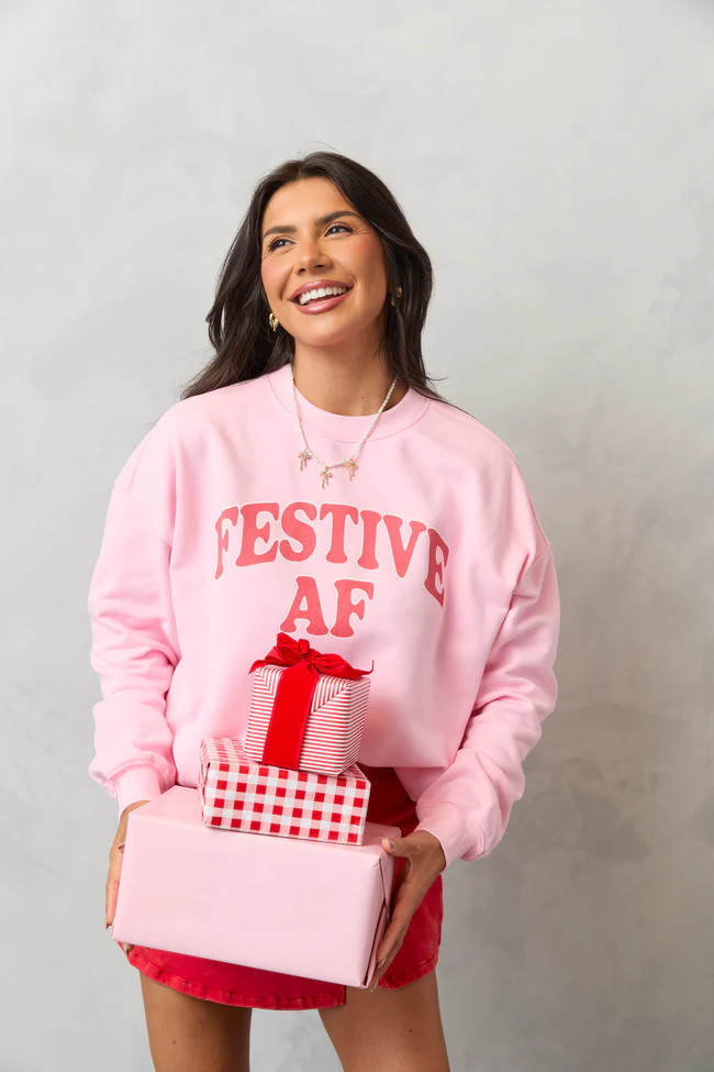 Festive AF Light Pink Graphic Sweatshirt SALE | Pink Lily