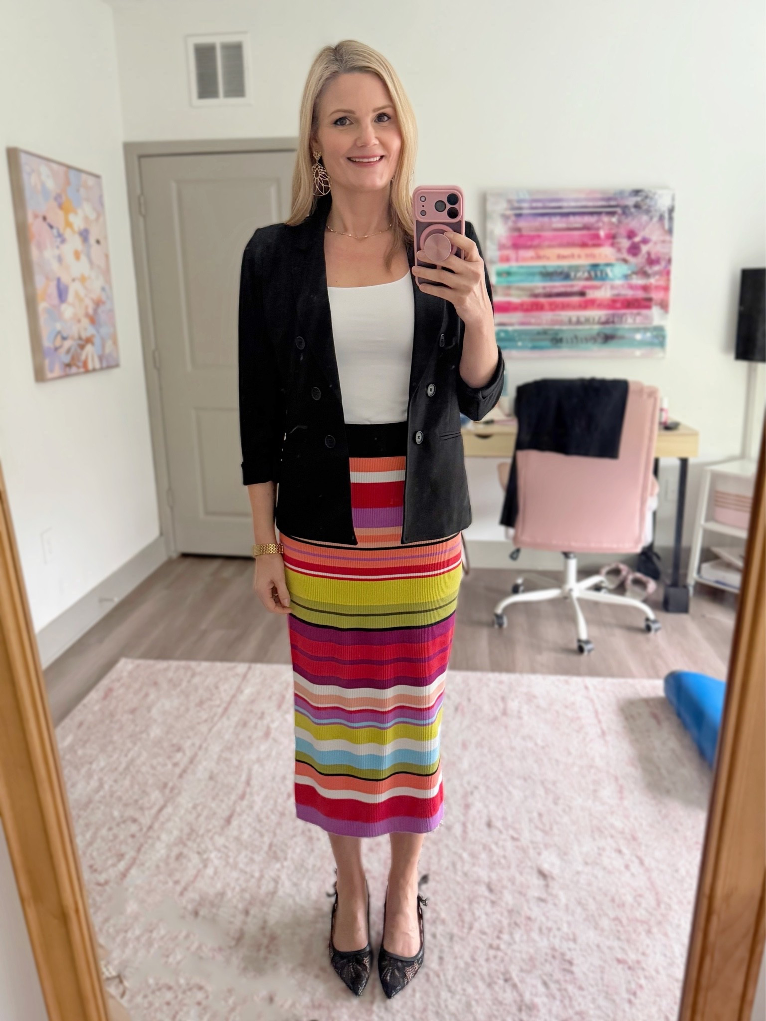 Linked similar blazers. Limited sizes in the colorful striped skirt. My belt is twisted around so the buckle is in the back (intentional!).  Workwear. Office look.

#LTKootd #LTKWorkwear #LTKOver40