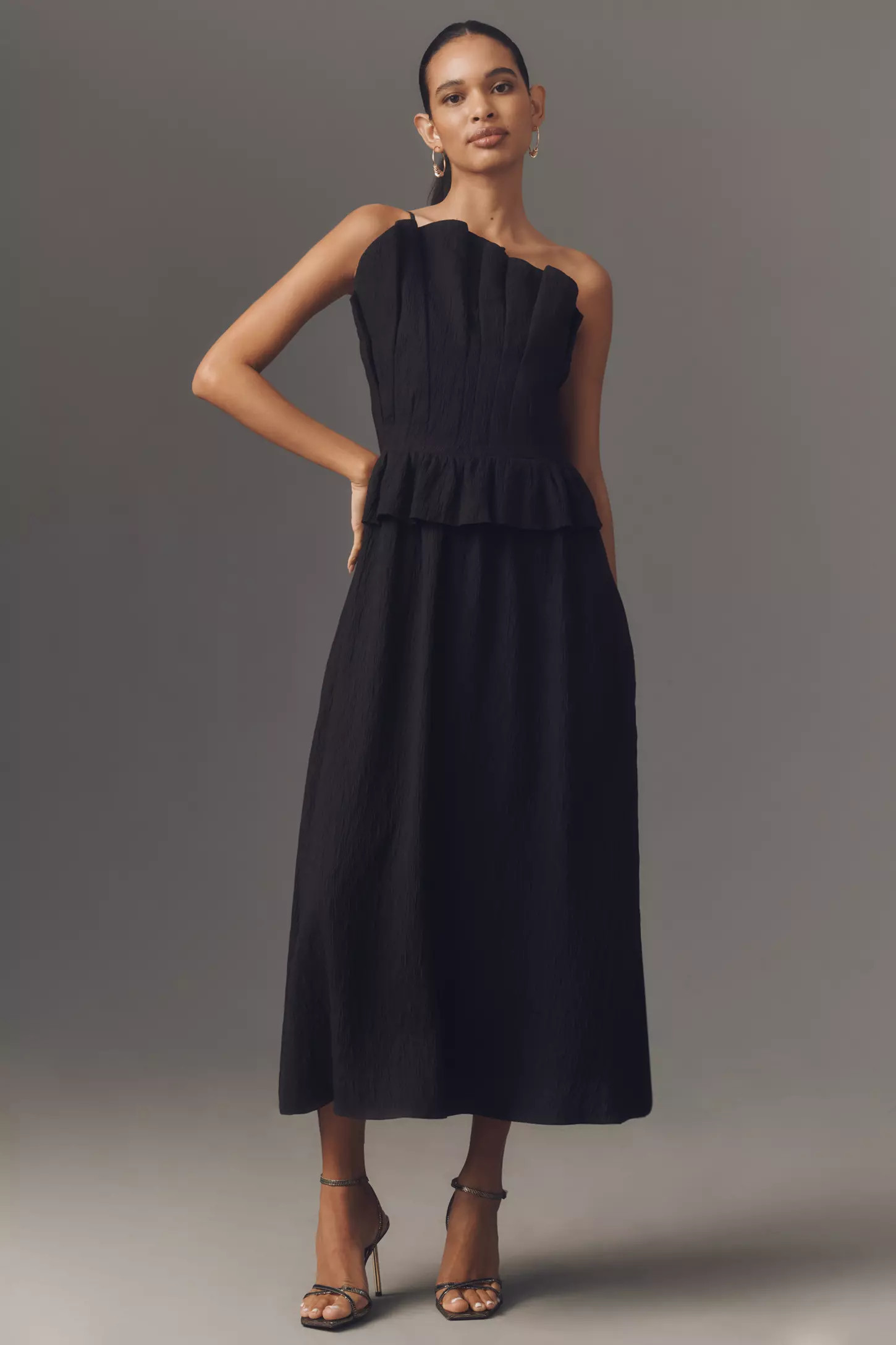 English Factory One-Shoulder Peplum Midi Dress | Anthropologie (US)