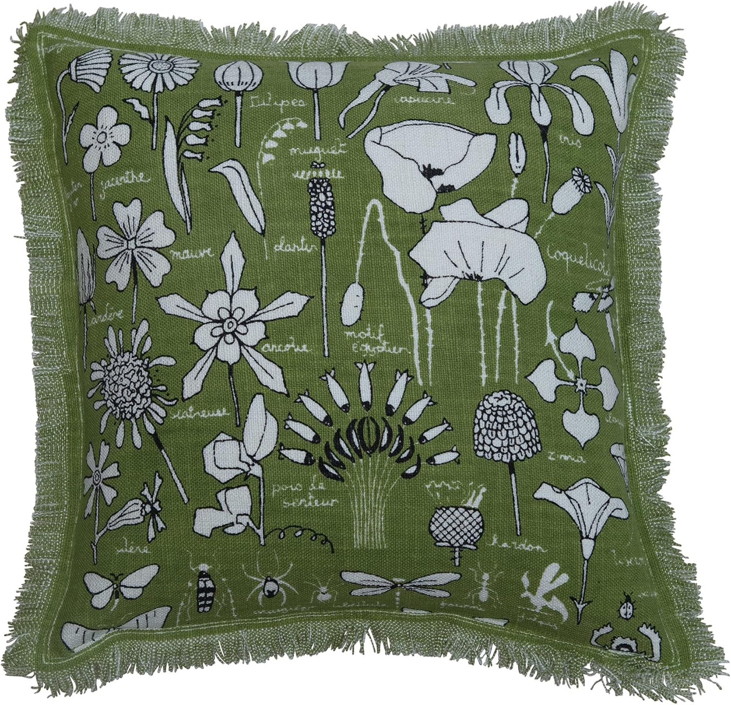 Creative Co-Op 18" Square Linen Blend Embroidered Garden Studies Print & Fringes Pillow, Olive | Amazon (US)
