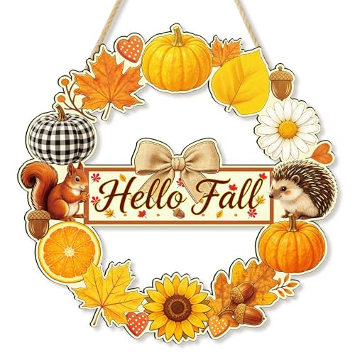 Hello Fall Door Decor - Wooden Fall Decorations Door Sign Fall Wreath for Front Door Hanger Leaves Pumpkins Autumn Hanging Sign Wall Art for Harvest Home Porch Indoor Outdoor Office Classroom Party | Amazon (US)