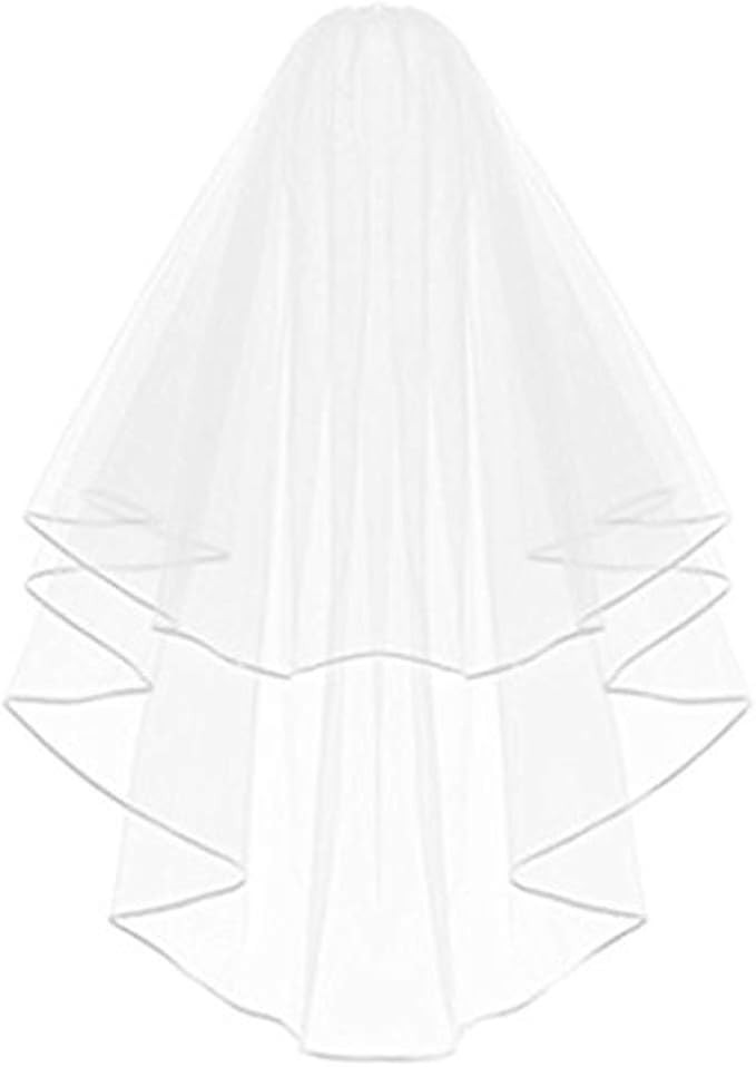 Echodo Bridal Wedding Veil White Double Ribbon Edge Center Cascade Bridal Veil with Comb Wedding ... | Amazon (US)