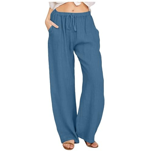 Generic Warehouse Deals Today Loose Pants for Women Summer Women's Summer Cotton Linen Pants Wide Leg Casual Drawstring High Waist Palazzo Pants Loose Trousers with Pockets, Medium, Z05-blue | Amazon (US)
