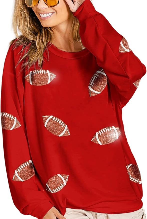 Womens Sparkle Football Sequin Rugby Sweatshirt Game Day Y2K Crewneck Oversized Shirt Long Sleeve... | Amazon (US)