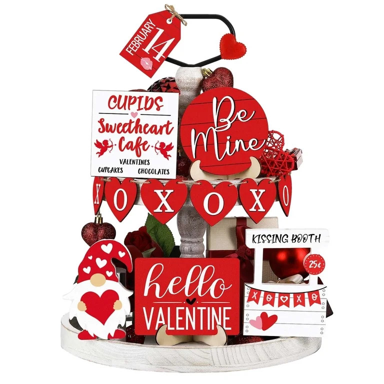 Valentine's Day Tiered Tray Decor Valentine's Day Table Wooden Sign Decorations Tabletop Farmhous... | Walmart (US)