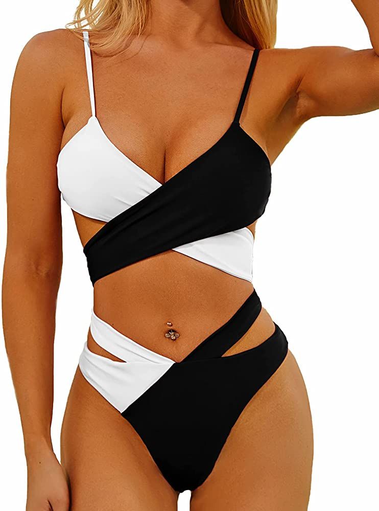 Lilosy Sexy Wrap Cutout Color Block Bikini High Cut Brazilian Swimsuit Set 2 Piece | Amazon (US)