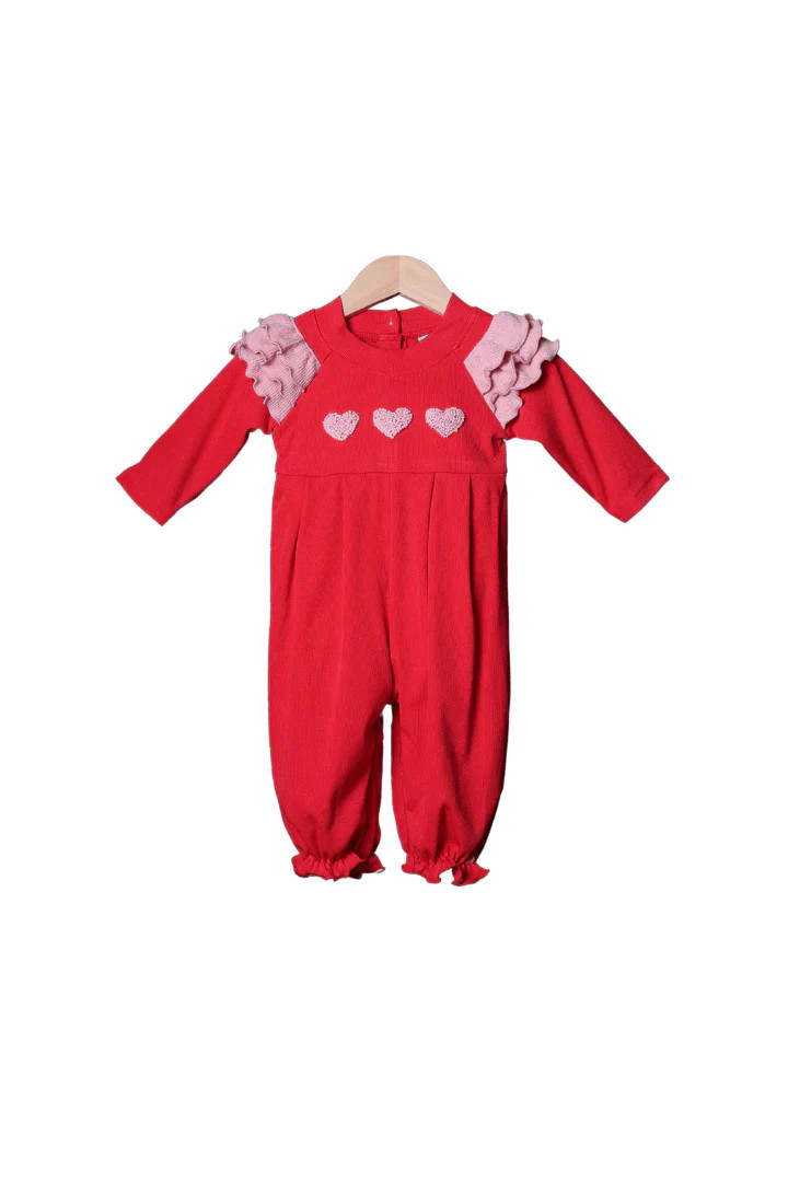French Knot Heart Red and Pink Cardigan Ruffle Romper | The Smocked Flamingo