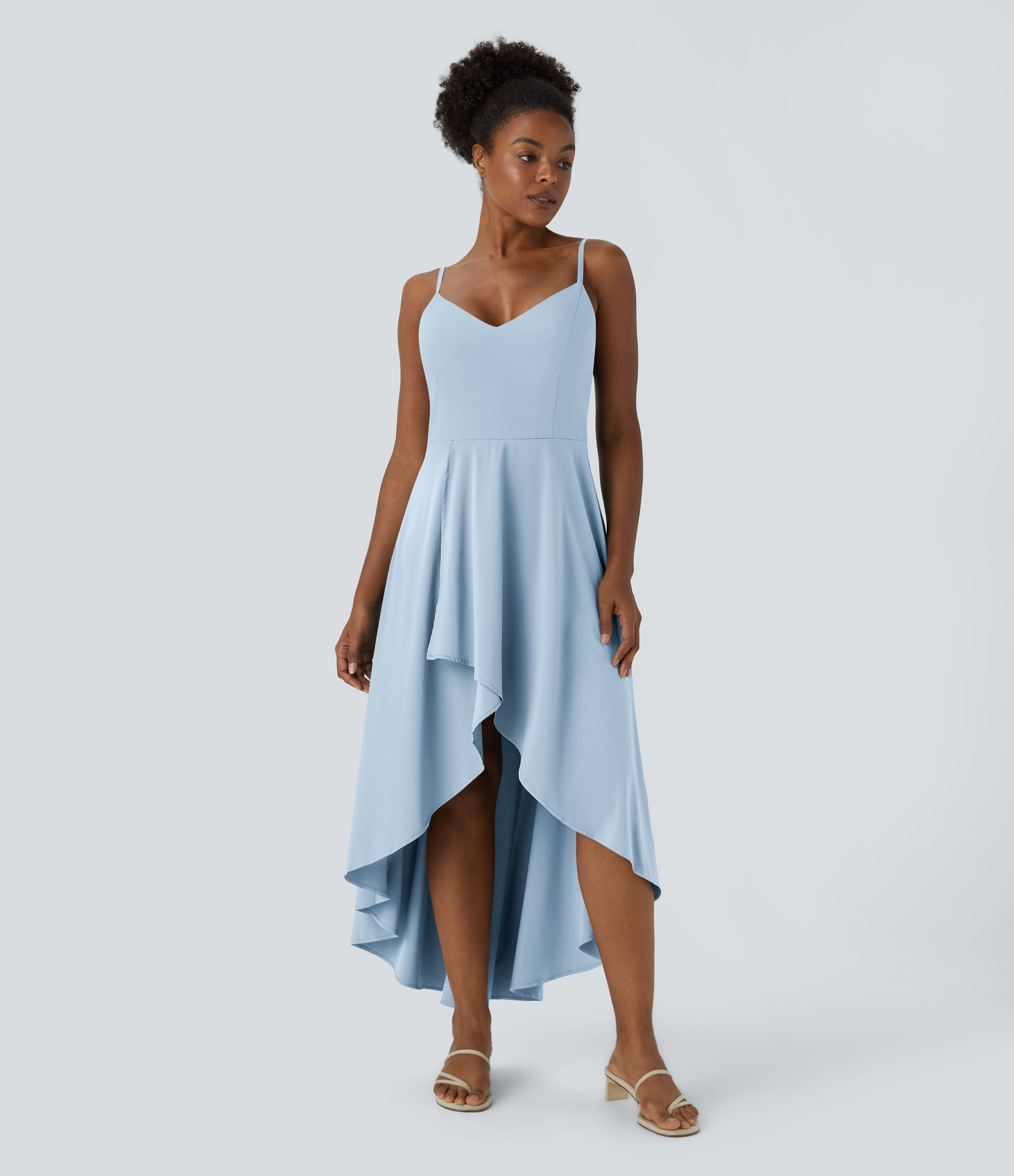 Halara Breezeful™ Shirred High Low Flowy Quick Dry Maxi Slip Dress Casual Dress - Ballad Blue - XS slip dress beach dress ruched dress | HALARA