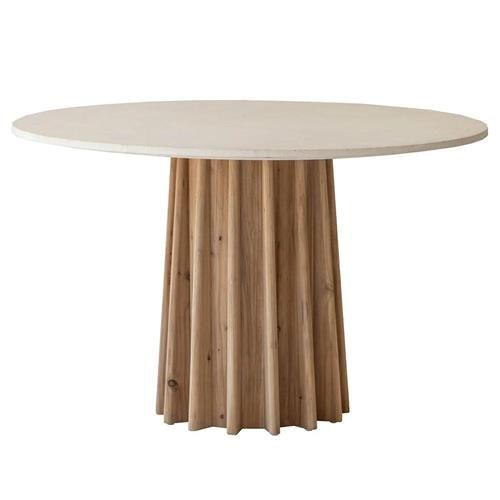 Stephen Modern Classic White Concrete Brown Pine Wood Base Round Dining Table - 47"W | Kathy Kuo Home