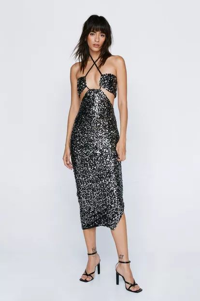 Sequin Halter Neck Cut Out Midi Dress | Nasty Gal (US)