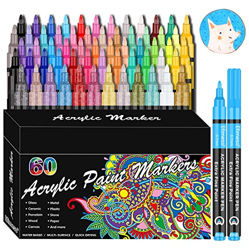 RESTLY Acrylic Paint Pens, 60 Colors Acrylic Paint Marker, 0.7mm Extra Fine Paint Pens for Canvas, Rock Painting, Wood, Glass, Metal, Ceramic, stone | Amazon (US)