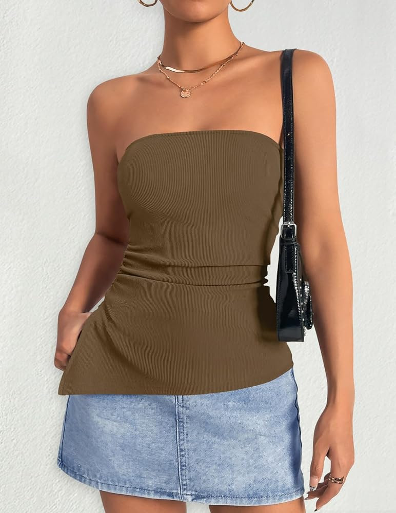 ZESICA Womens Tube Top 2025 Summer Going Out Strapless Backless Ruched Trendy Tops Asymmetrical B... | Amazon (US)