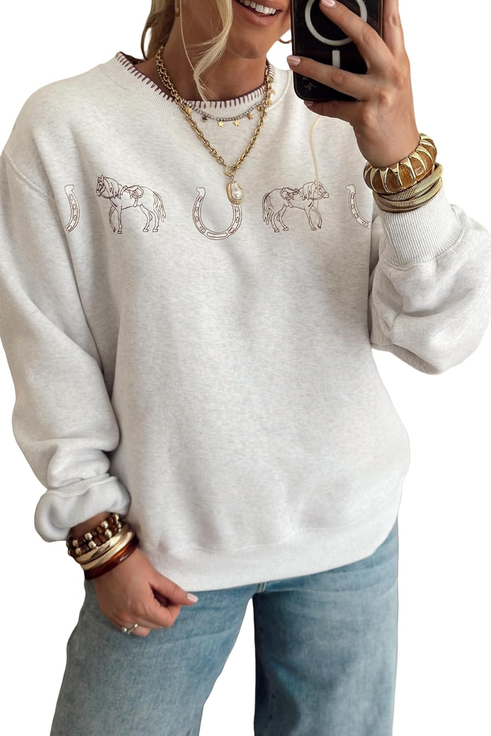 MARZXIN Womens Western Tops Light Grey Western Print Embroidered Casual Sweatshirt | Amazon (US)