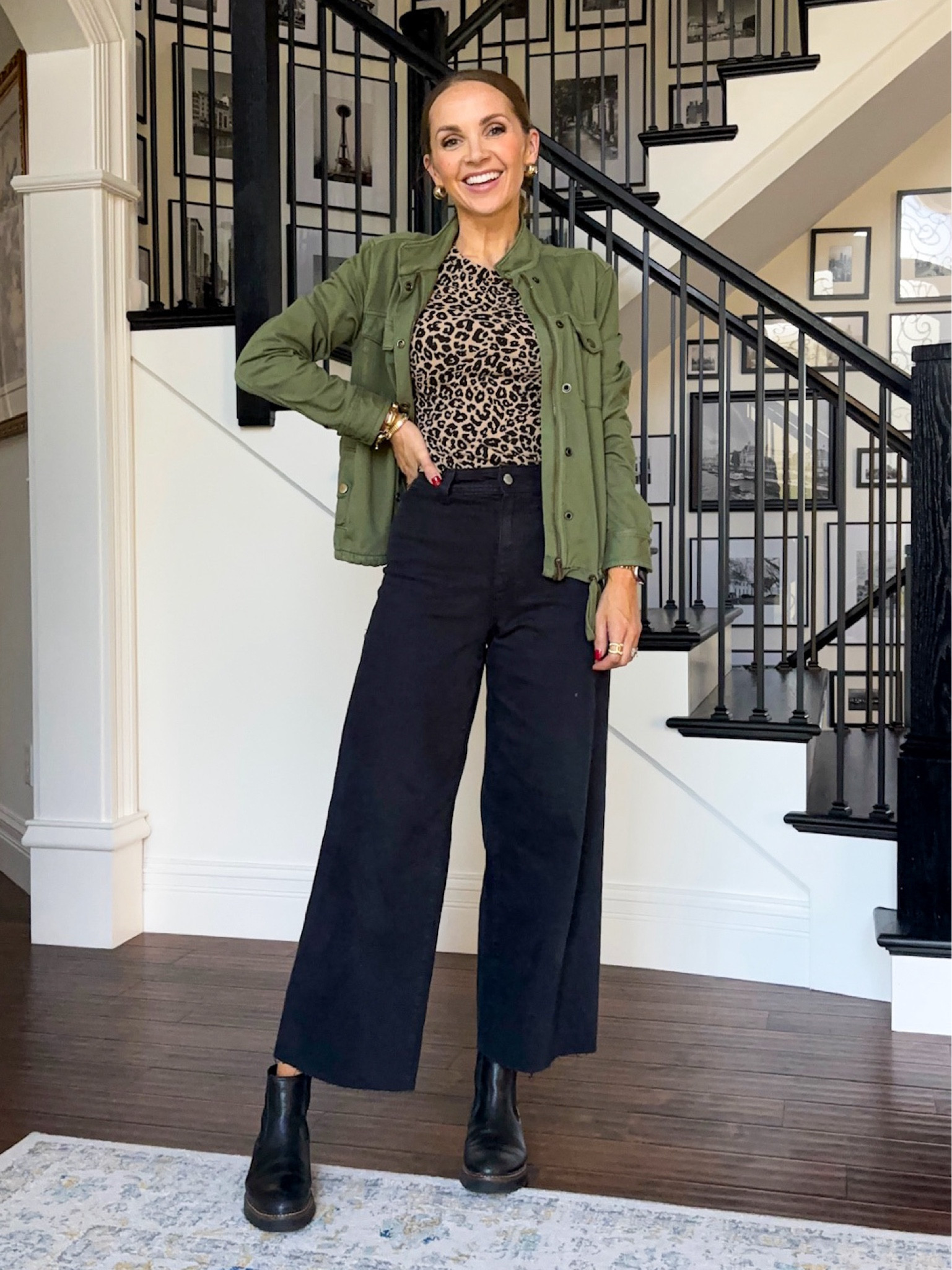 Fall style with olive green jacket + leopard print @walmart tee + @target wide leg black jeans (cut 2” off pants) 

#LTKSeasonal #LTKStyleTip