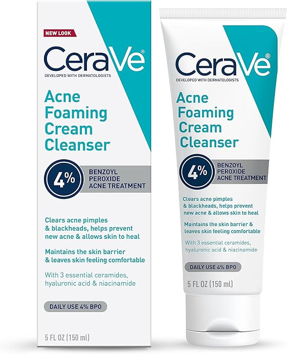 CeraVe Acne Foaming Cream Cleanser, 4% Benzoyl Peroxide Face Wash With Hyaluronic Acid, Niacinami... | Amazon (US)