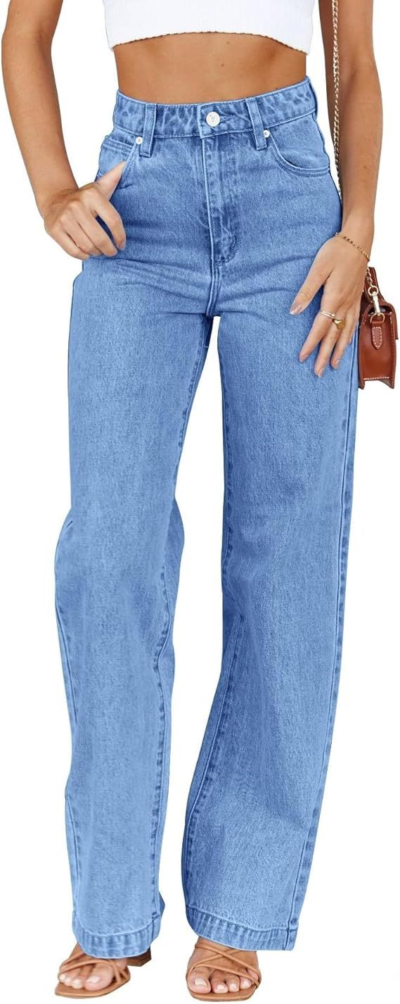 ETTELO Womens Jeans Mid Waisted Straight Leg Loose Stretchy Lightweight Tummy Control Trendy Jean... | Amazon (US)
