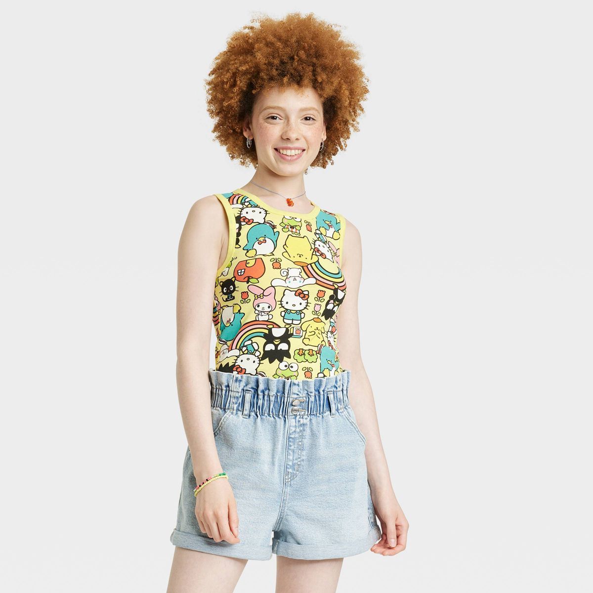 Women's Sanrio Hello Kitty and Friends All Over Cropped Graphic Tank Top - Lemon Yellow | Target