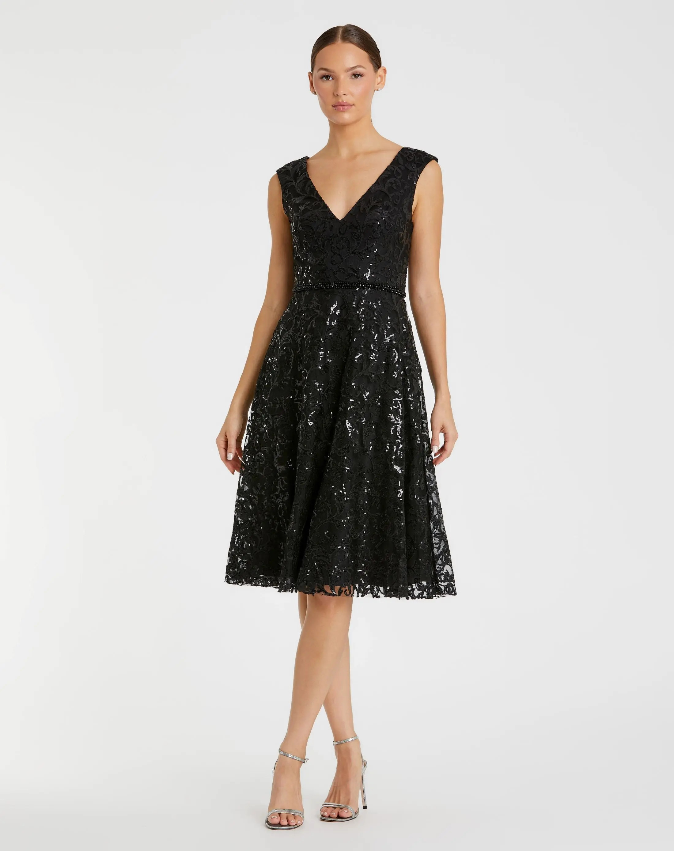 Sequined V Neck Cap Sleeve Dress - Mac Duggal | Mac Duggal