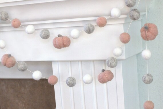 Blush Pink Felt Pumpkin Garland- Pale Blush, Gray & White- Wool Felt Balls- Fall Autumn Halloween... | Etsy (US)