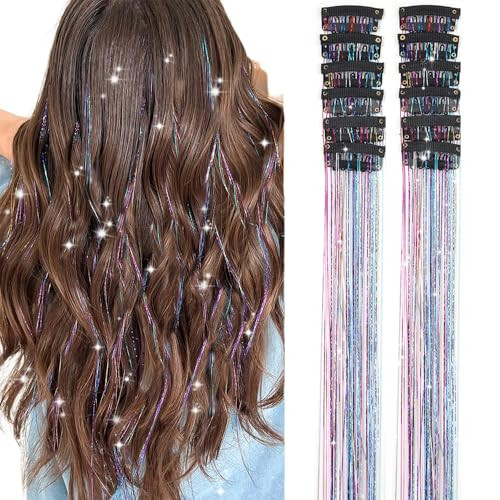 Hair Tinsel Pack of 12 Pcs Colorful Glitter Hair Accessories 20 Inch Clip in Hair Tinsel Extensions Fairy Hair Accessories Party Kit for Women Girls 12Pcs,Colorful# | Amazon (US)