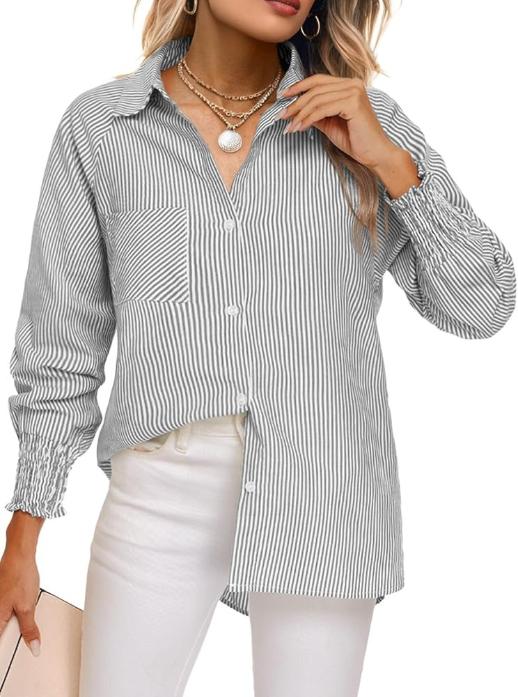 Feiersi Women's Button Down Shirts Long Sleeve Smocked Cuffed Striped Work Blouses Tops with Pock... | Amazon (US)