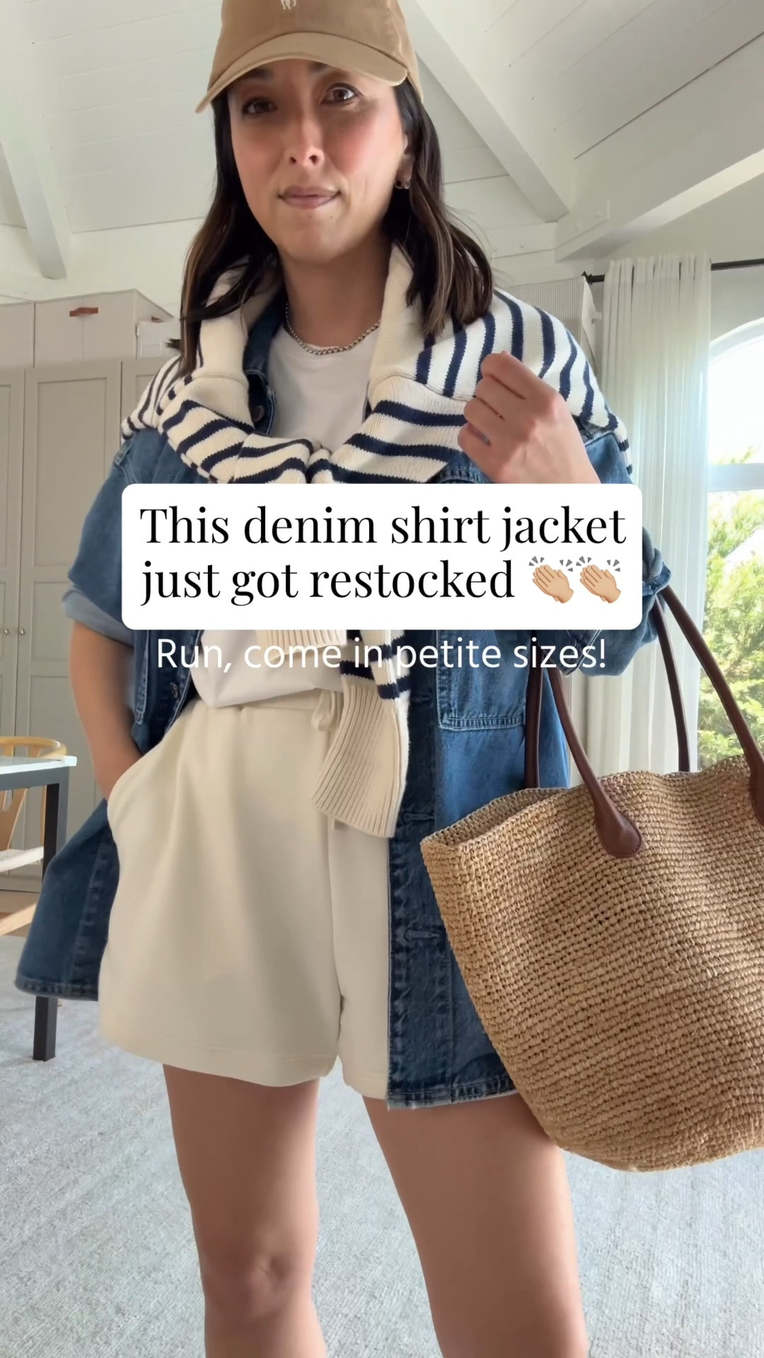 This denim shirt jacket just got restocked. One of those throw-on pieces that makes simple summer outfits feel a little more pulled together.

Gap shacket petite xs 
Madewell tee - linked similar
Varley shorts small 
Minnow sweater small 
Amazon socks 
Bimba Y Lola sneakers 5 - run big 
Aritzia tote - sold out, linked similar
Polo Ralph Lauren hat - linked similar
Dorsey James necklace 15” 
Electric Picks earrings

#LTKgrwm #LTKmomlife #LTKPetite