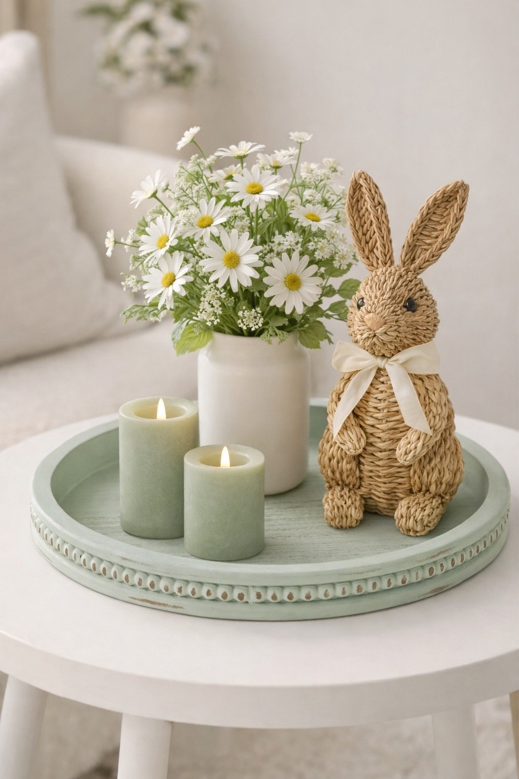 Cozy spring tray decor with daisies, candles, and a woven bunny. Shop the pieces below.

#LTKOver40 #LTKHome #LTKSeasonal