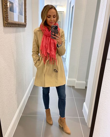 Trench coat with shawl fringe scarf and boots