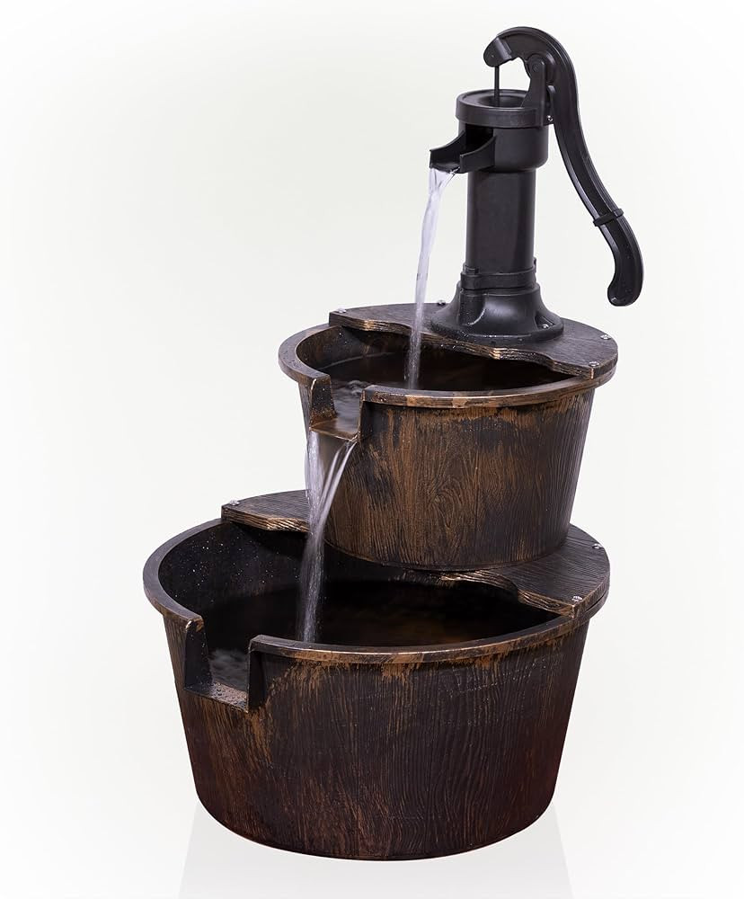 Alpine Corporation TIZ194BZ Outdoor Floor Rustic 2-Tiered Barrel and Pump Water Fountain, Old-Fas... | Amazon (US)