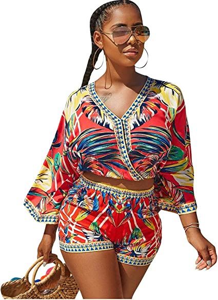 2 Piece Outfits for Women Summer Two Piece Crop Top Shorts Set Boho Floral Print Romper Jumpsuit | Amazon (US)