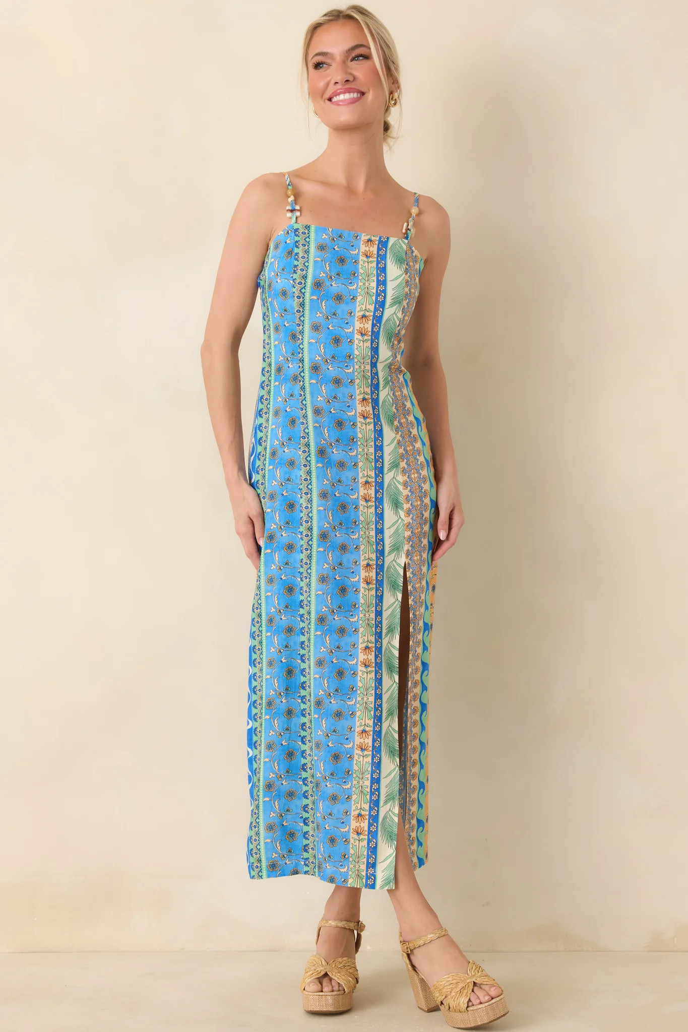 Sipping Under the Palms Blue Multi Tropical Print Bead Detail Midi Dress | Red Dress