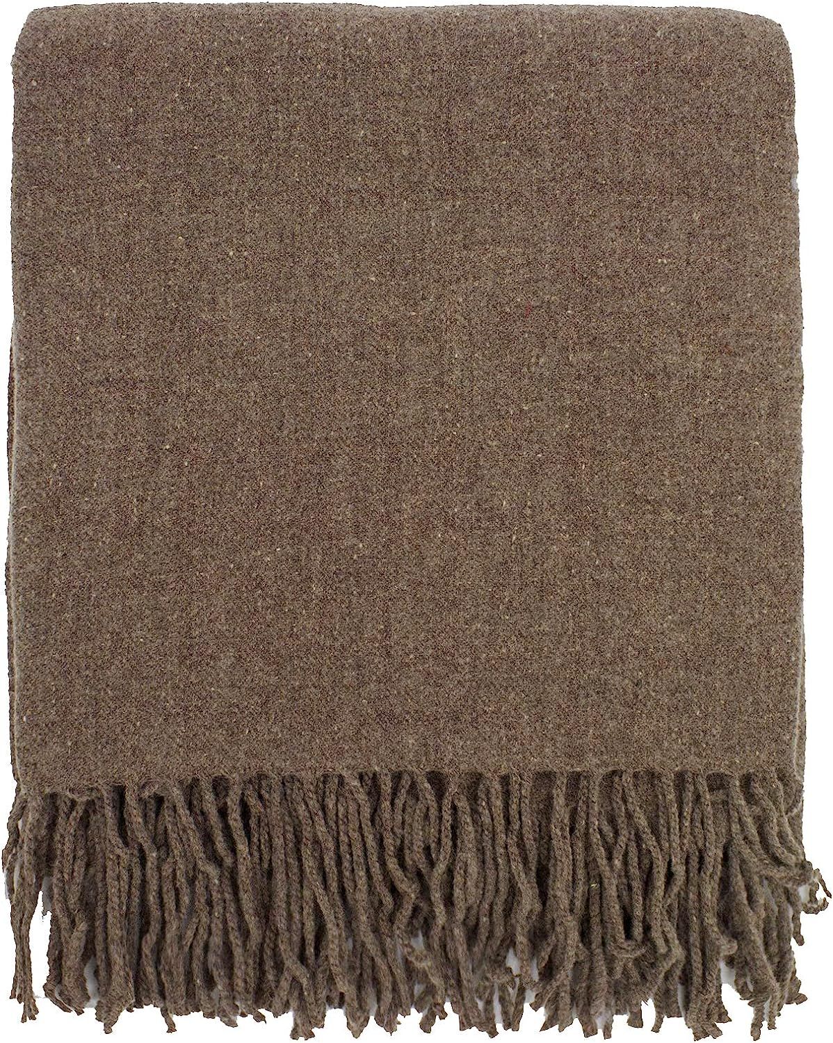 Fennco Styles Classic Plain Cozy Wool Blend Woven Tassels Throw 50" W x 60" L - Taupe Throw Blank... | Amazon (US)