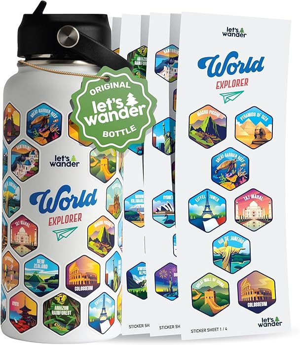LET'S WANDER World Explorer Adventure Water Bottle with 50 Waterproof Stickers - 32oz Leakproof I... | Amazon (US)
