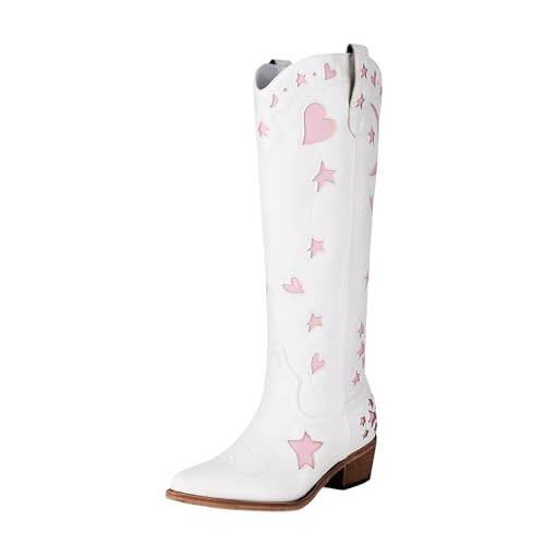 AIWGLESOLE Western Cowboy Boots for Women Knee High, Stars Moon Heart Patterns Low Heel(white-pink,9) | Amazon (US)