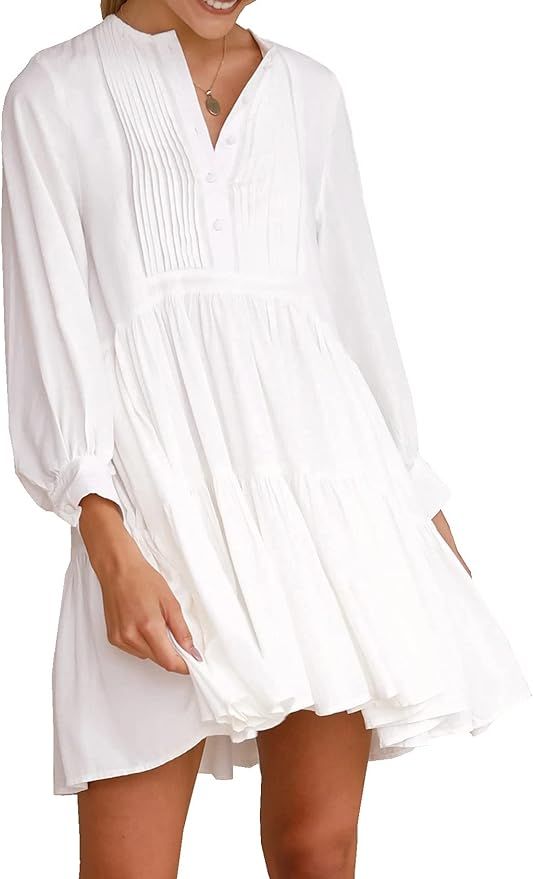 R.Vivimos Womens Fall Long Sleeve Casual Cotton Ruffle Button Down Loose Fit Mini Dress | Amazon (US)