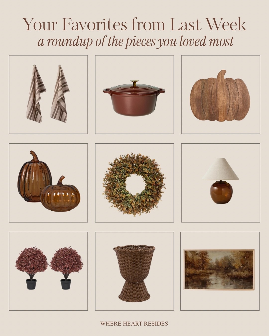 Most loved from last week! 🤎

Fall decor, Dutch oven, kitchen towels, wooden pumpkin board, amber glass pumpkins, woven planter, faux mums, burgundy boxwood, fall wreath, mini glass lamp, fall frame tv art.

#LTKHome #LTKSeasonal
