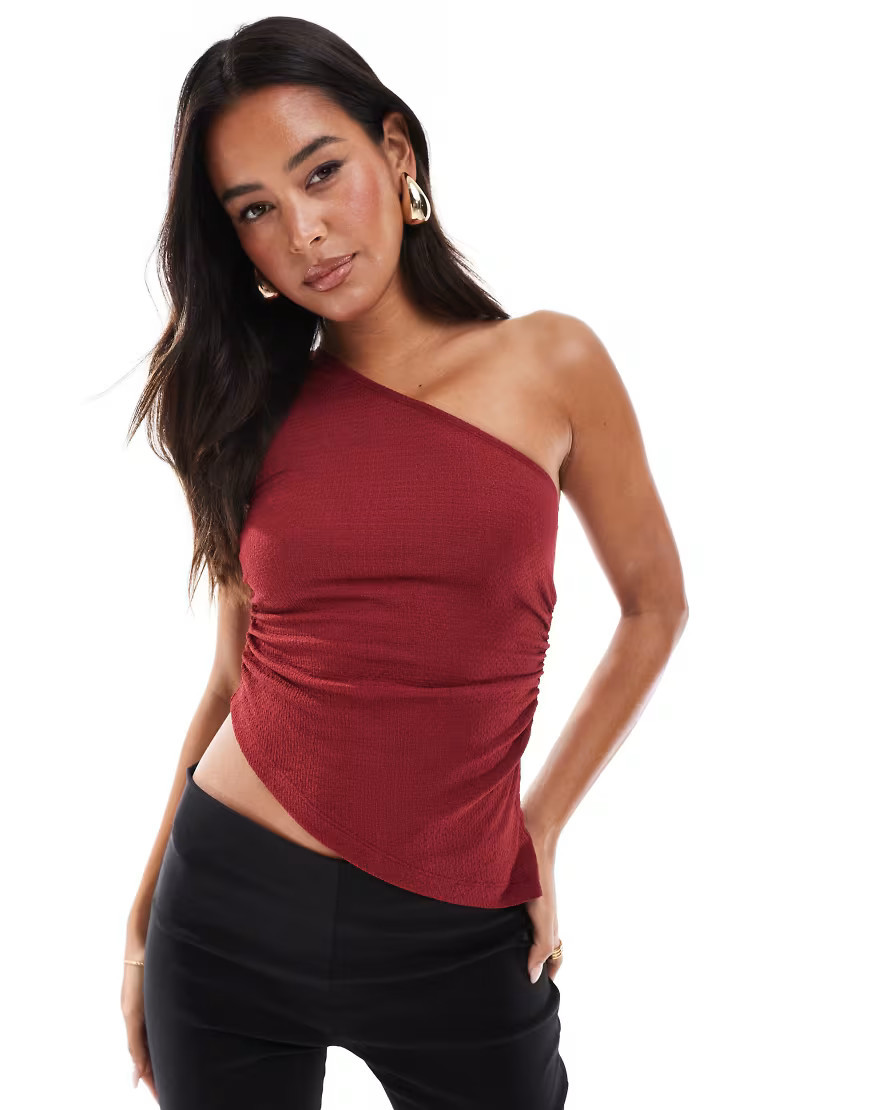 ASOS DESIGN ruched one shoulder asymmetric top in wine-Red | ASOS (Global)