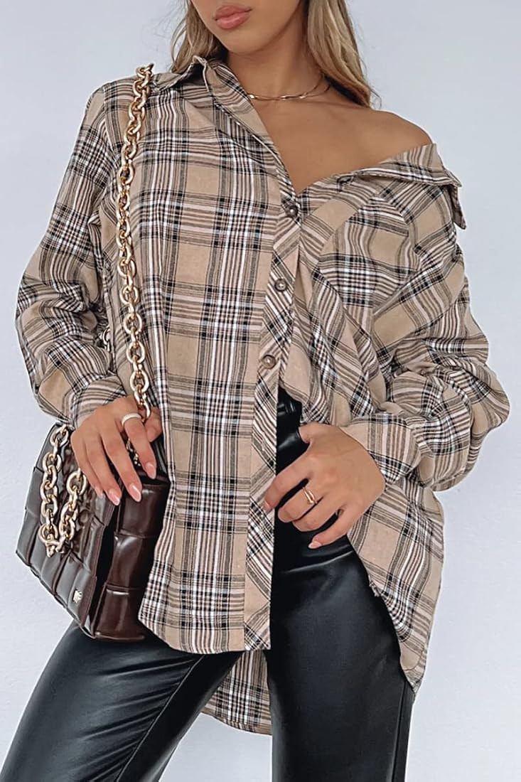 Womens Button Down Flannel Shirts Long Sleeve Plaid Shackets Business Casual Blouse Top | Amazon (US)