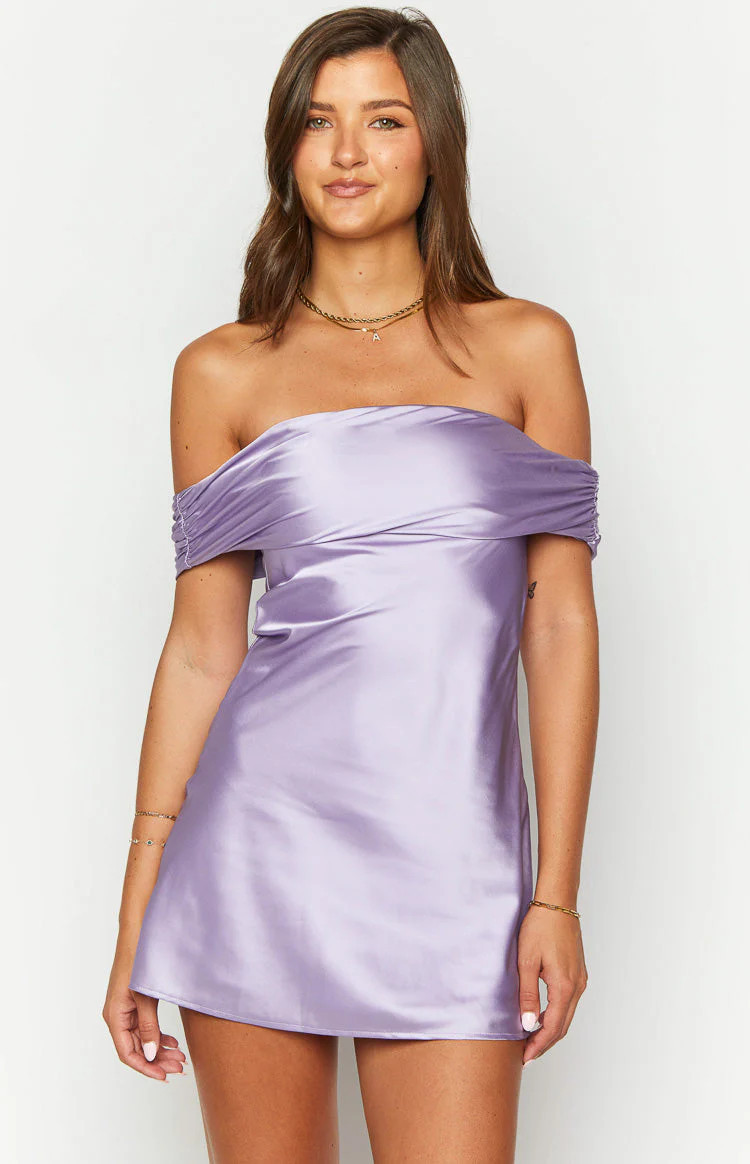 Primrose Purple Satin Off the Shoulder Mini Dress | Beginning Boutique (US)