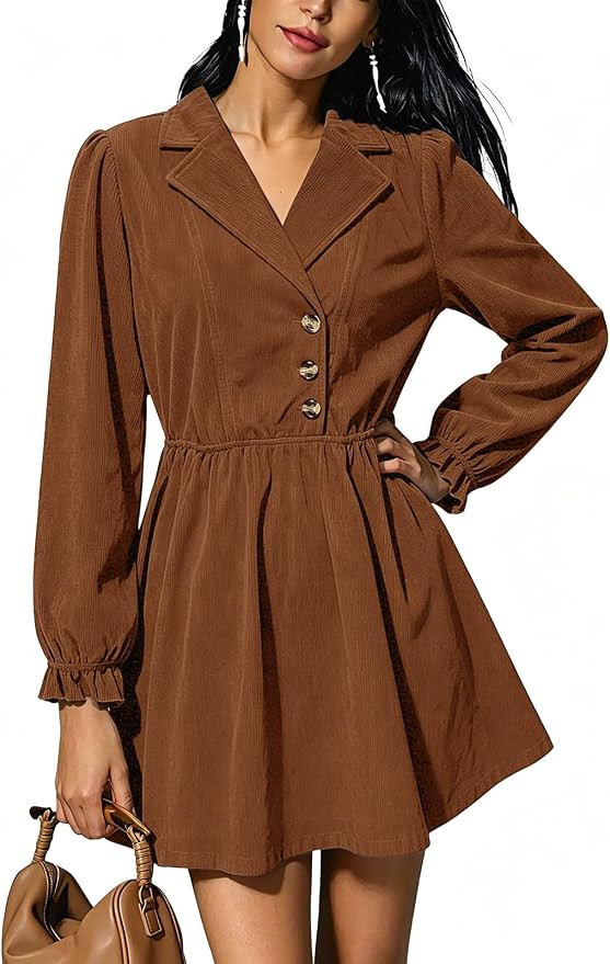 Alaster Queen Women's Corduroy Long Sleeve Button Fall Work Short Dress | Half Button-Up Notch La... | Amazon (US)