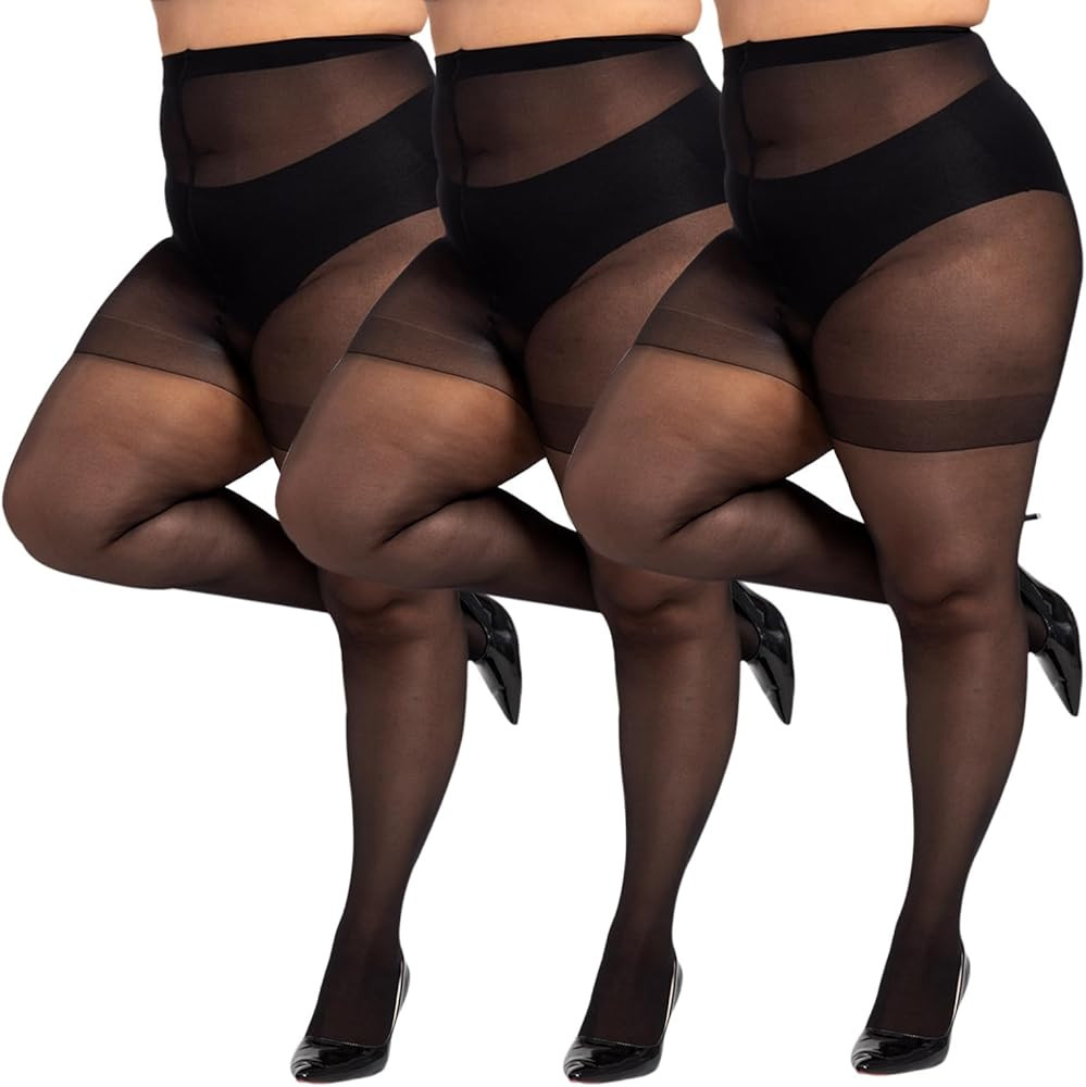 LADYFAN 3 Pairs Plus Size Women’s Sheer Tights 20D High Waist Control Top Pantyhose with Reinfo... | Amazon (US)