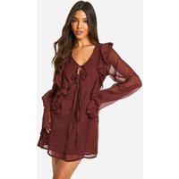 Womens Crinkle Chiffon Ruffle Tie Front Mini Dress - Brown - 16, Brown | Boohoo.com (UK & IE)