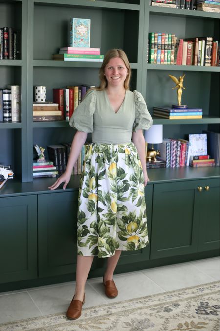 Lemon print skirt and sage green puff sleeve top  