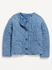 Collarless Quilted Chambray Button-Front Jacket for Girls | Old Navy (US)