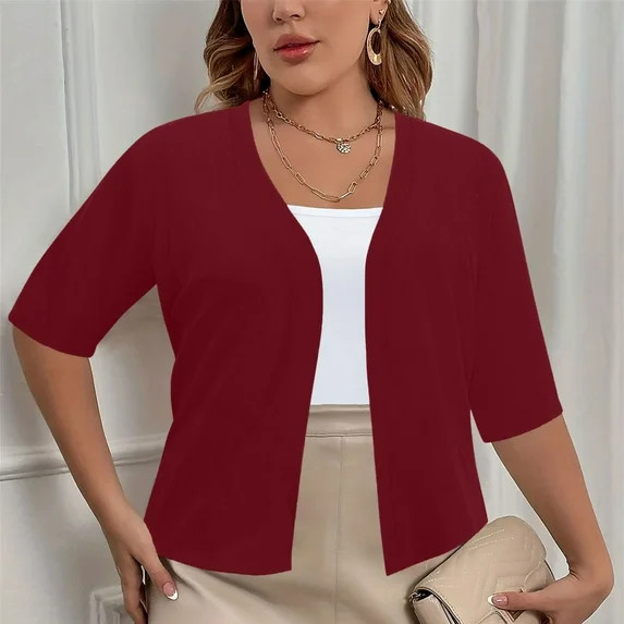 CFLVAEK Fall Cardigan Sweaters for Plus Size Women Casual Short Sleeve Open Front Shrugs Soft Sol... | Walmart (US)