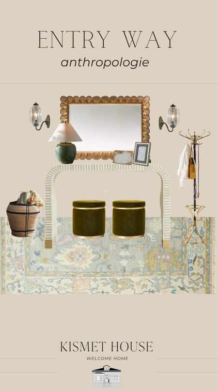 Entry way design, all from Anthropologie.





Entry way table, entry way rug, area rug, coat rack, wall mirror, sconces, sconce lights, accent basket, stools, table lamp, table top picture frames, home decor

#LTKHome #LTKStyleTip