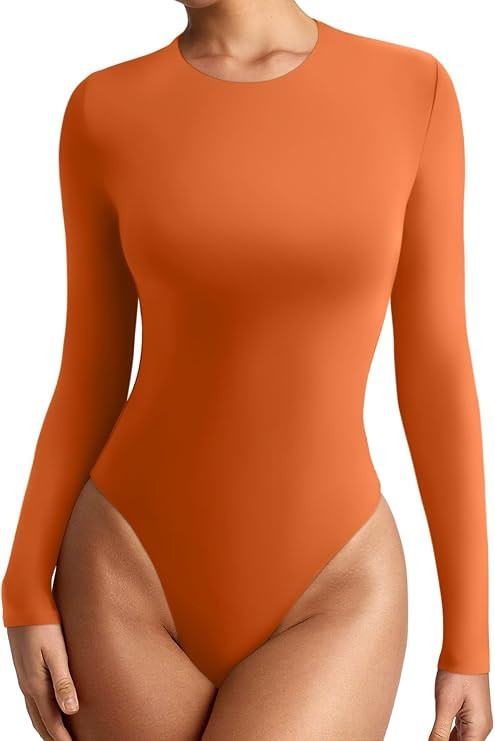REORIA Women's Crew Neck Long Sleeve Bodysuits Basic Slim Fit Comfy Lightweight Layering Top Fall... | Amazon (US)